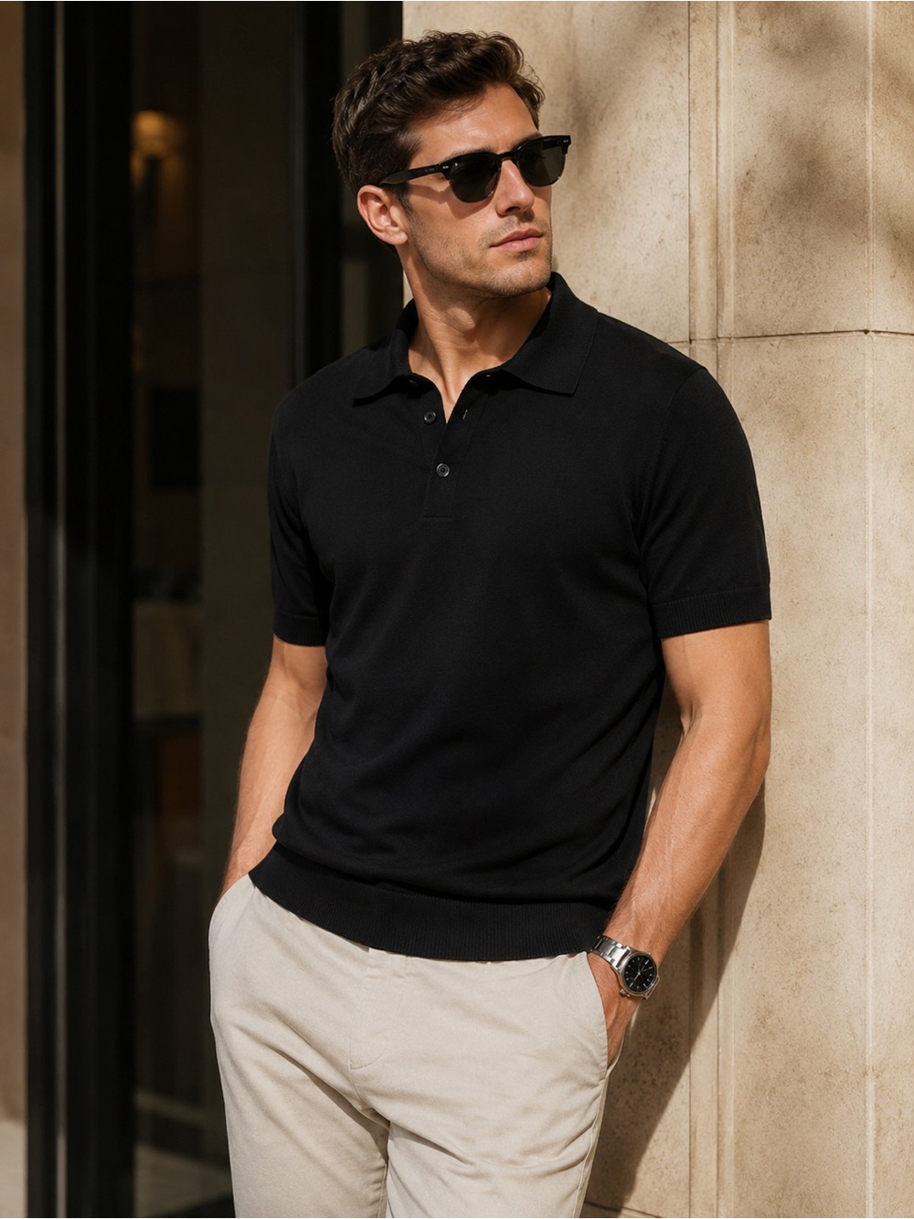 Luca Faloni Men’s Superior Cotton Black Knitted Polo Shirt Quiet Luxury
